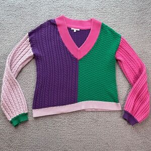 Olivia Rubin Delilah Colorblock Cable Knit V-Neck Cotton Sweater Purple Green M